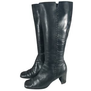 GORGEOUS BLACK GENUINE LEATHER BRAIDED DETAIL, CHUNKY HEEL ZIPPER BOOTS! SZ 10M